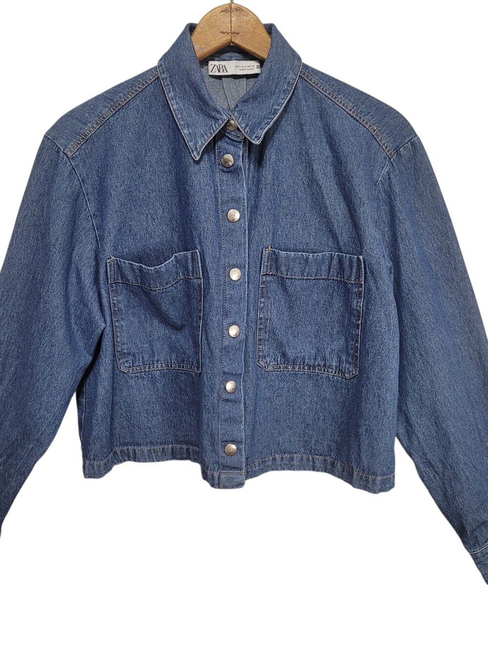Zara Chambray Denim Cropped Snap Front Shirt Jacket Size S Blue Streetwear Women